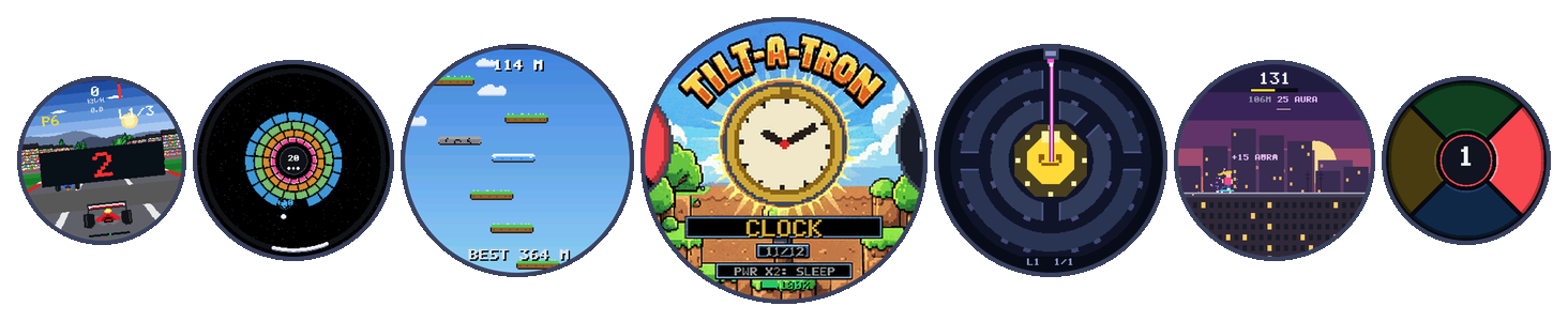 Seven round screens: Grand Prix, Breakout, Sky Jump, the home carousel, Sleepy Star, Skater Girlz and Echo