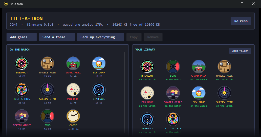 The manager app: the watch's games on the left, the library on the right