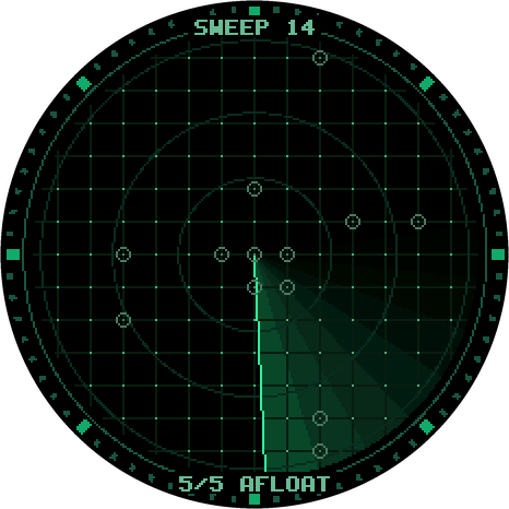 Radar: a green radar scope with a sweep line, hits and misses marked on a dot grid